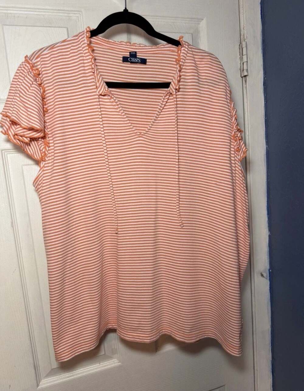 Chaps Striped Ruffle Sleeve V-Neck Top